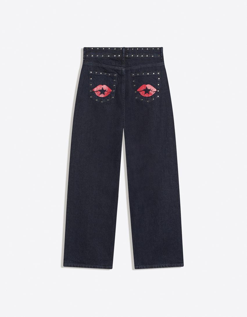 Jeans baggy low-rise dengan stud-Navy