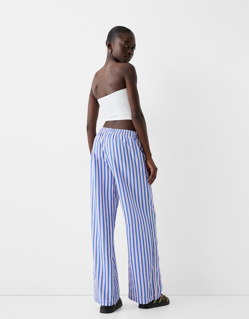 Flowing striped trousers with elastic waistband-Blue-2