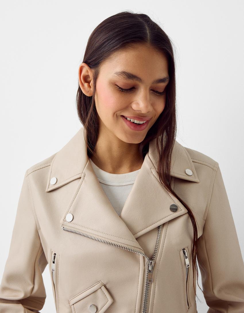 Blusão biker com efeito de pele e cinto-Cru-2