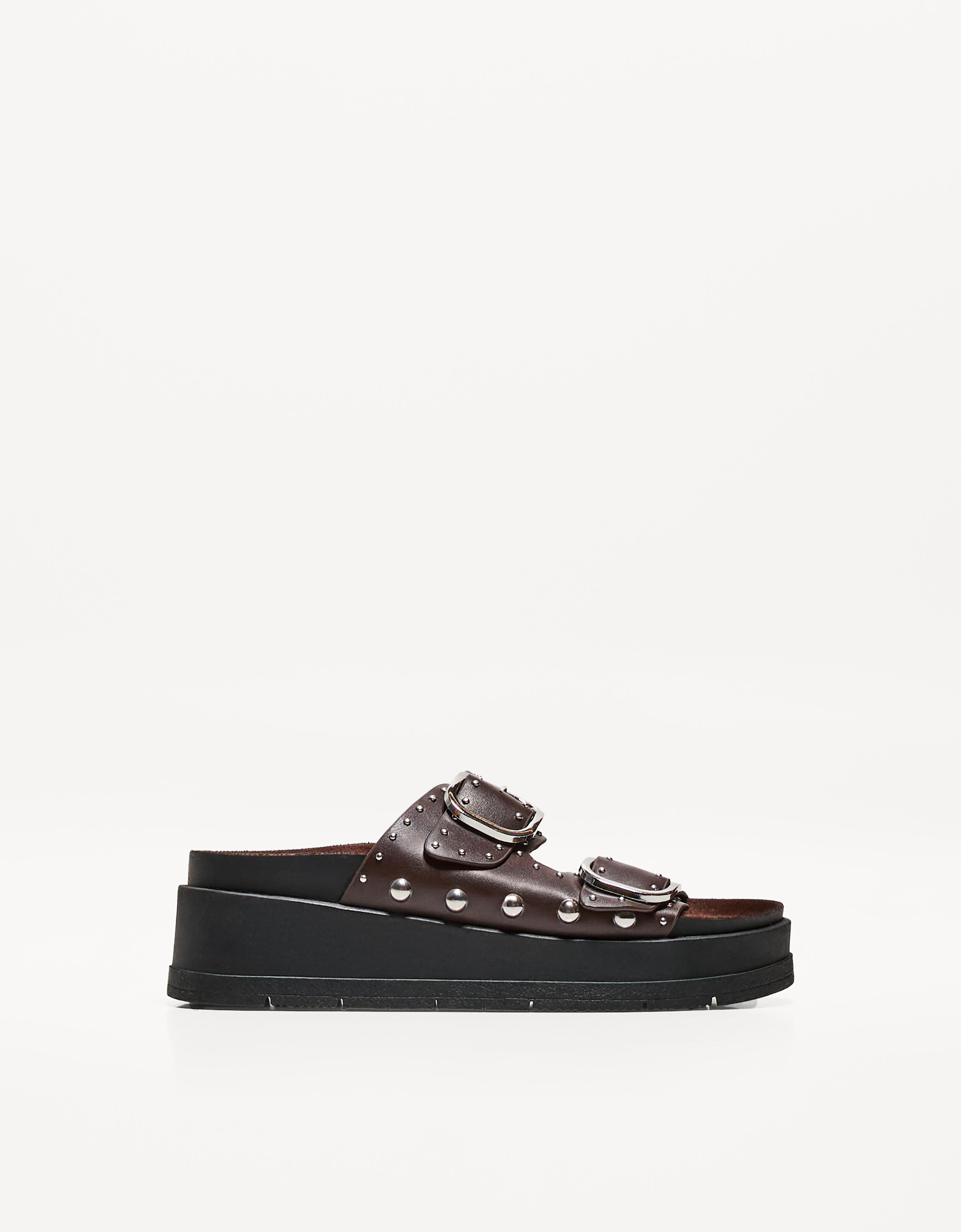 Bershka Plateau-Sandalen Mit Schnallen Und Nieten Damen 37 Braun