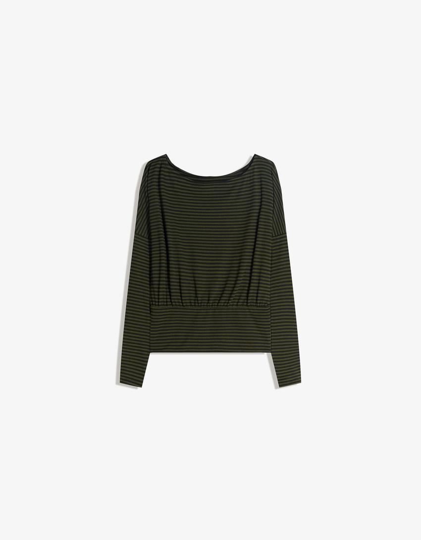 Striped long sleeve T-shirt with sash-Khaki