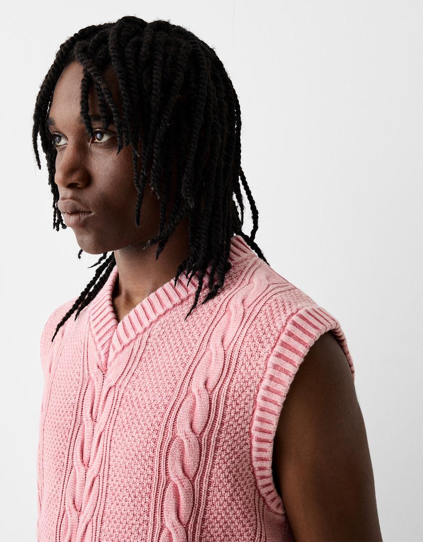 Gilet sans manches tressé-Rose-2