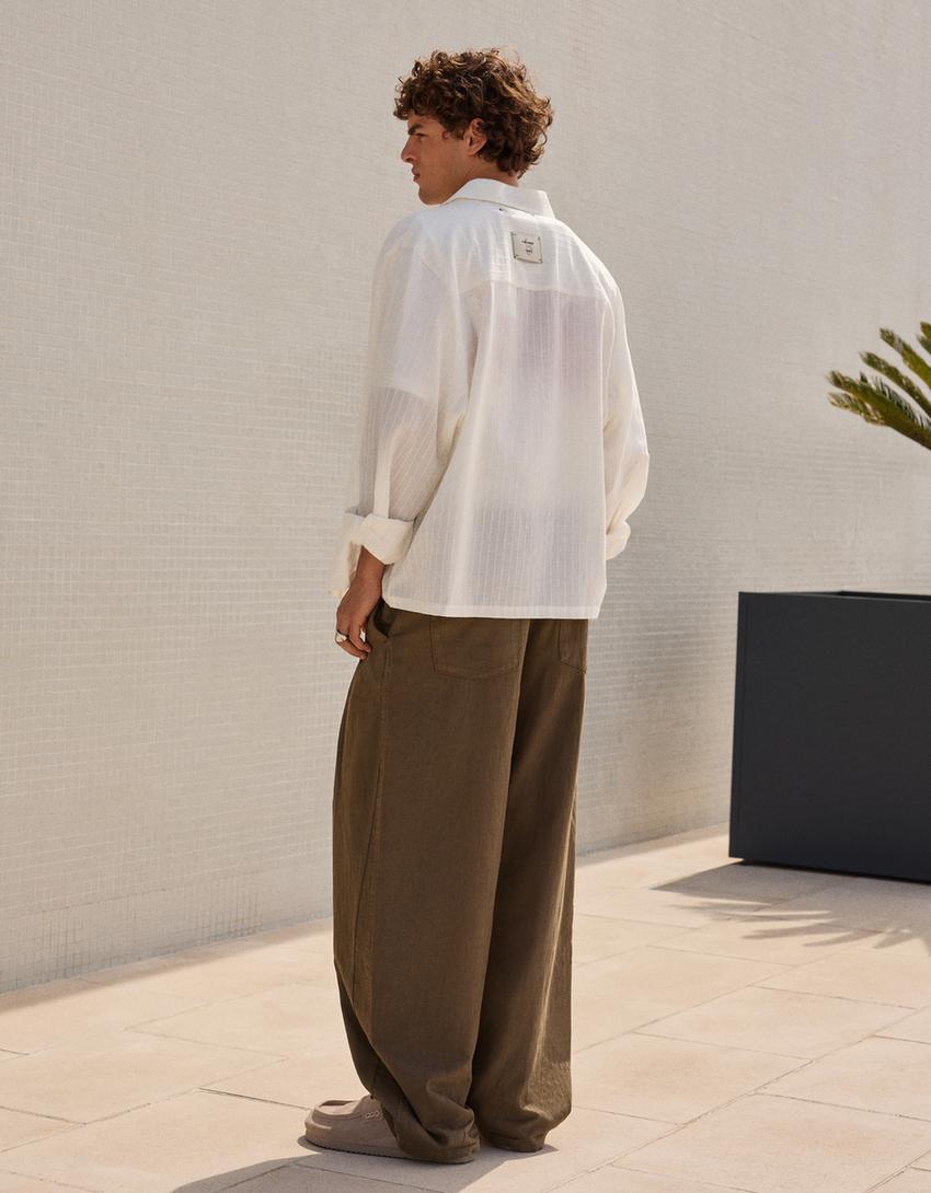 Pantalón super baggy con liño-Marrón