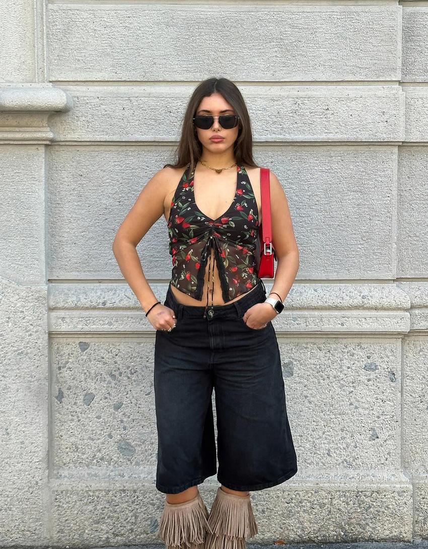Gathered blonde lace top with print-Black-2