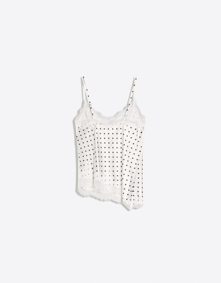 Asimetrik dantelli saten askılı top-Beyaz/Siyah