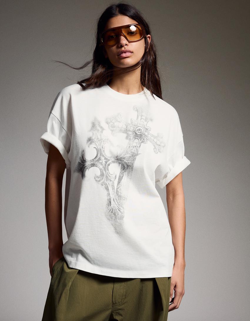 T-shirt manches courtes oversize imprimé-Blanc cassé