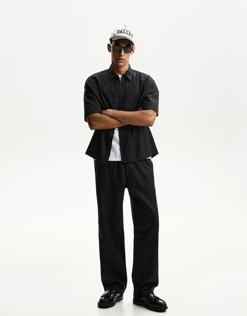 Short sleeve linen blend shirt-Black