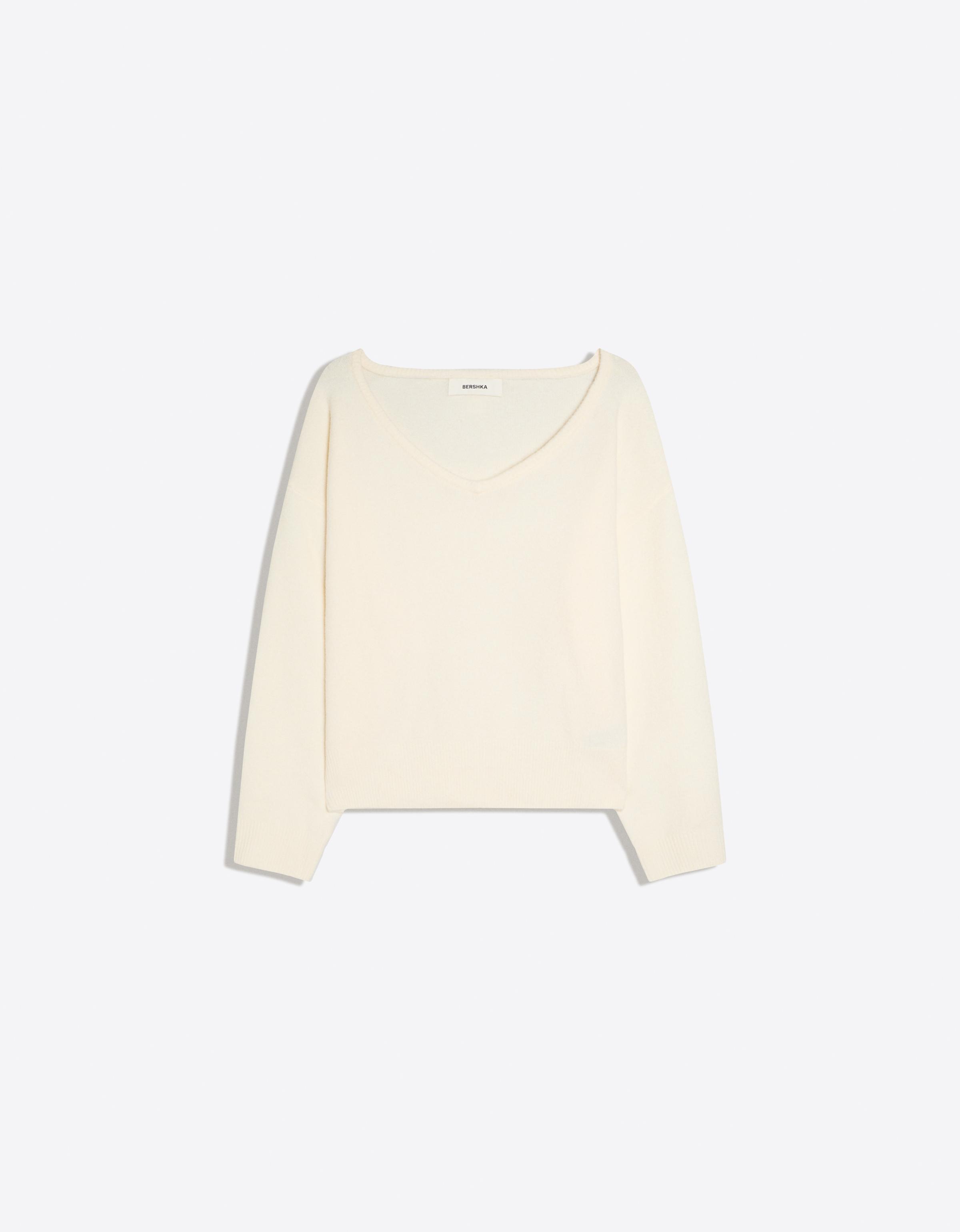Bershka Jersey Cuello Pico Oversize Mujer Crudo