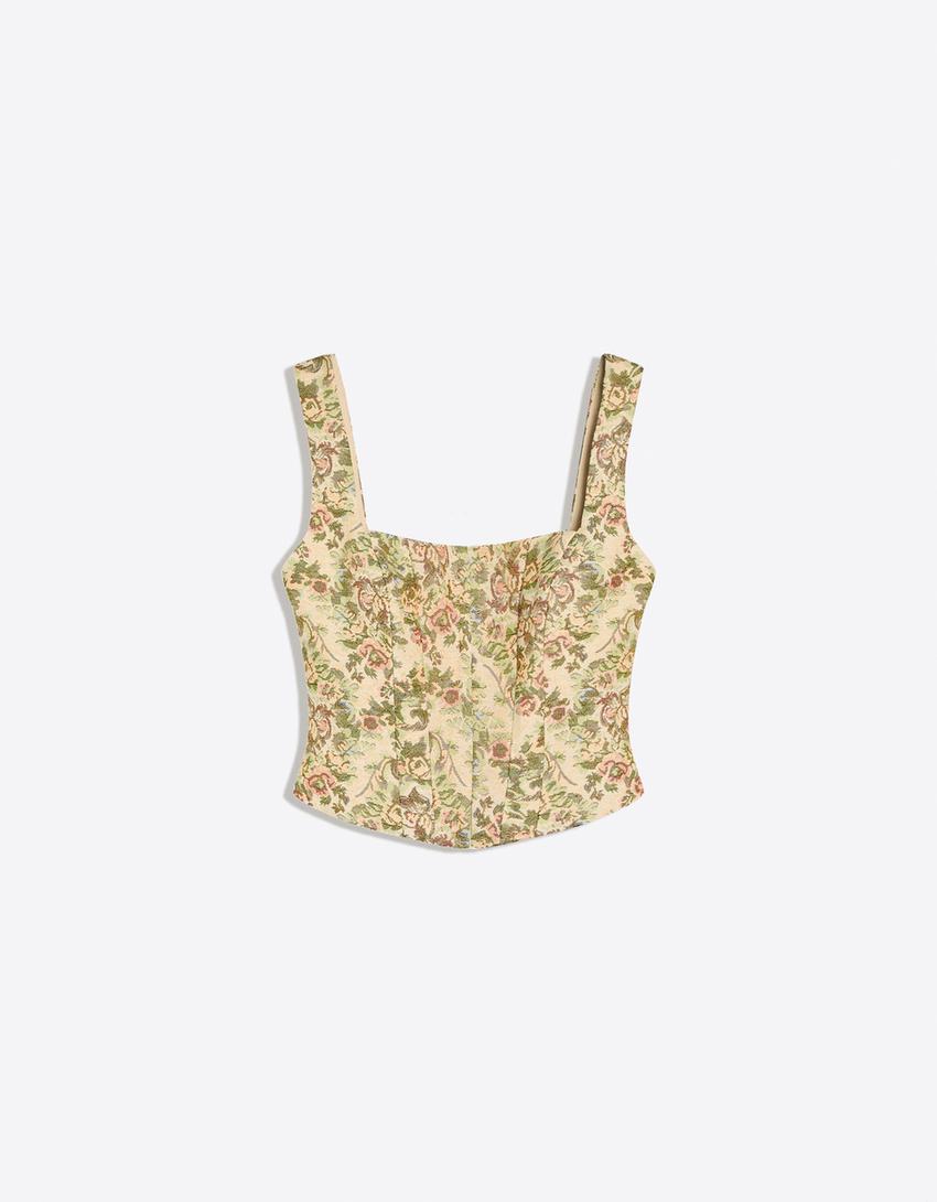 Top con bretelline jacquard stile corsetto-Verde