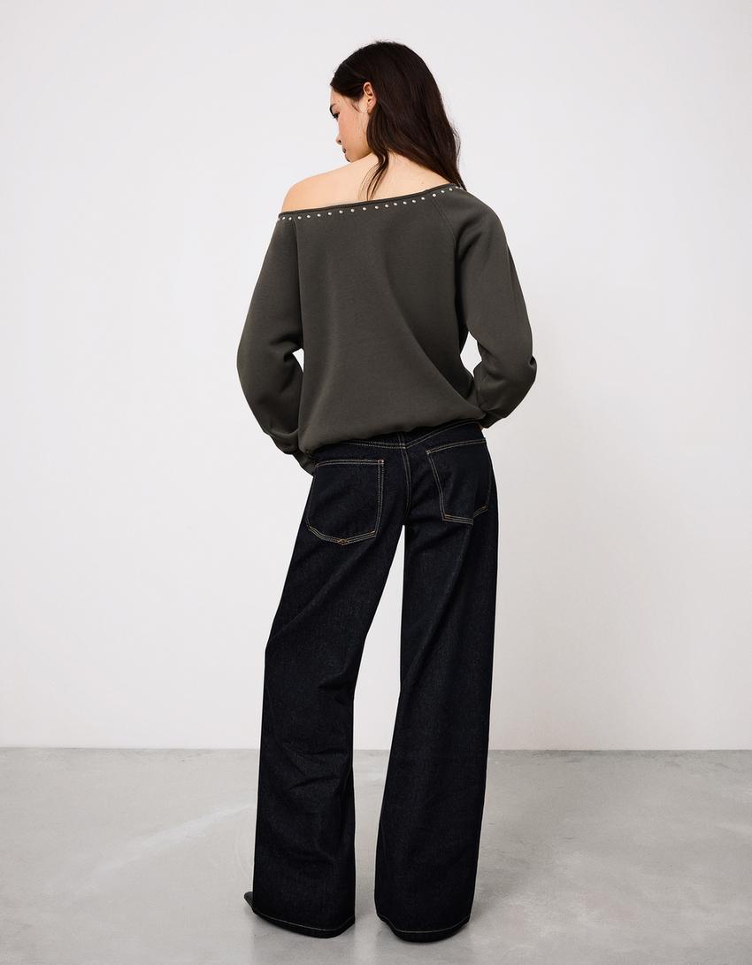 Asimetrik zımbalı polar sweatshirt-Haki