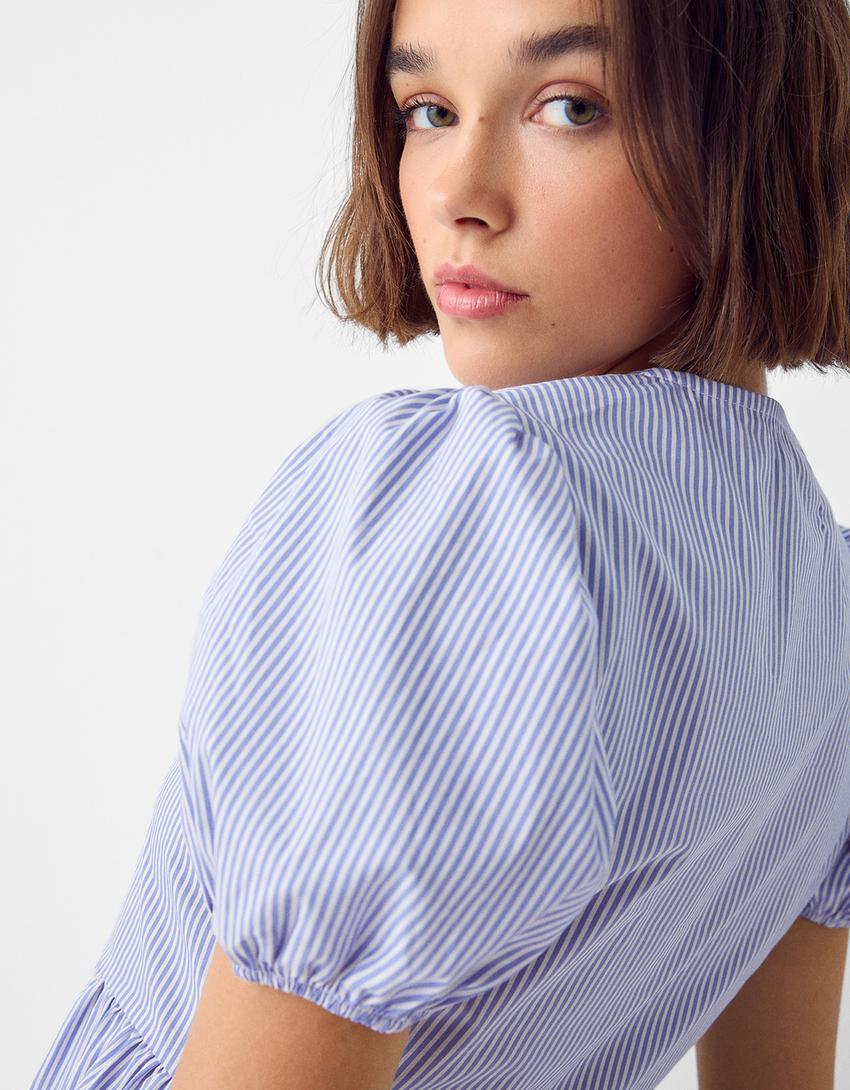 قميص بوبلين بأكمام قصيرة وأربطة-أزرق داكن-5