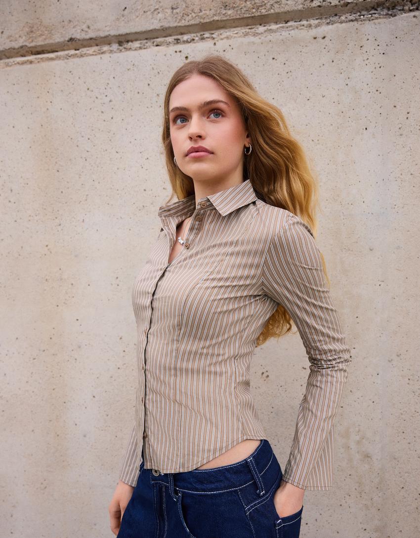 Chemise cintrée manches évasées-Camel