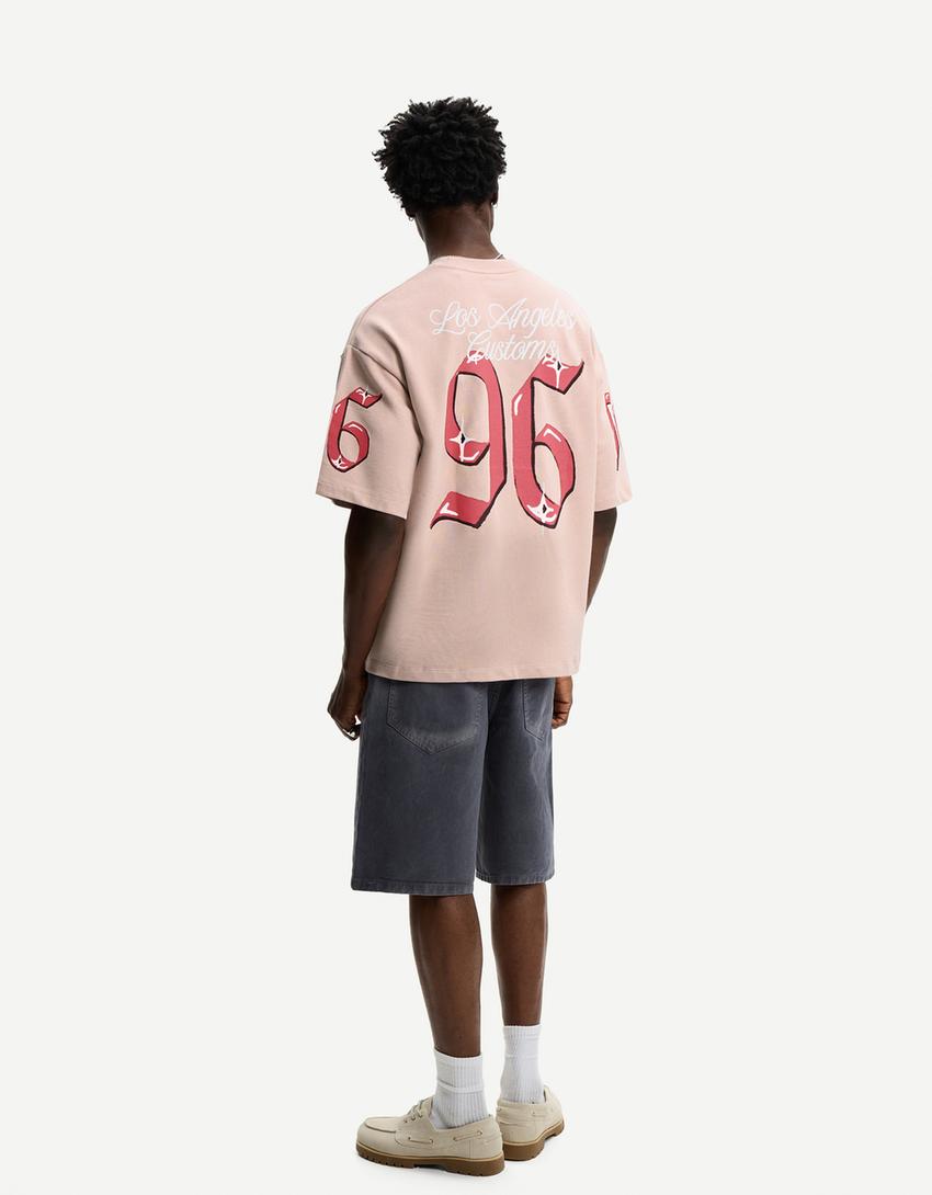 Camiseta manga corta felpa print-Rosa