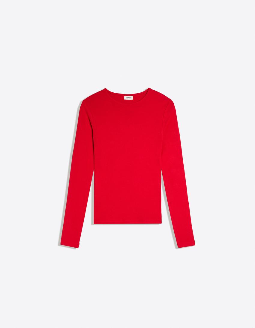 Maglietta a maniche lunghe con collo rotondo-Rosso