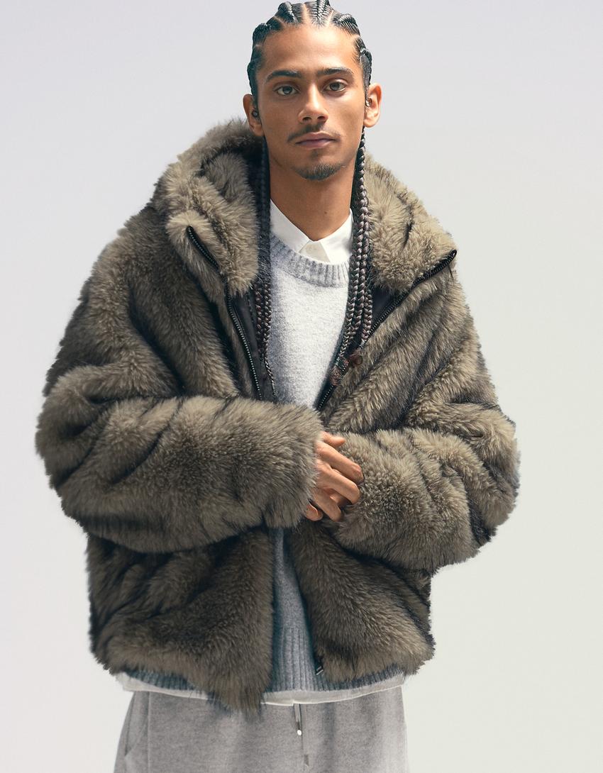 Hooded faux fur jacket-Grey