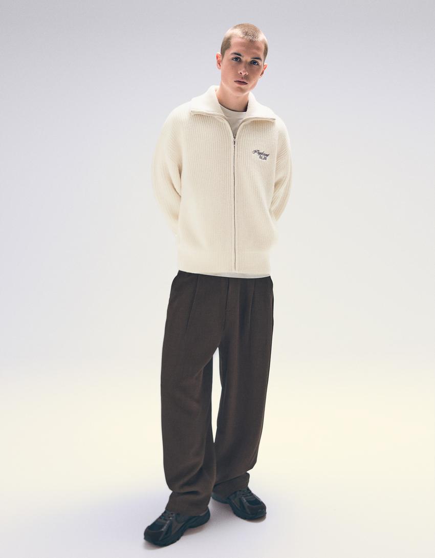 Veste zippée brodée-Blanc cassé