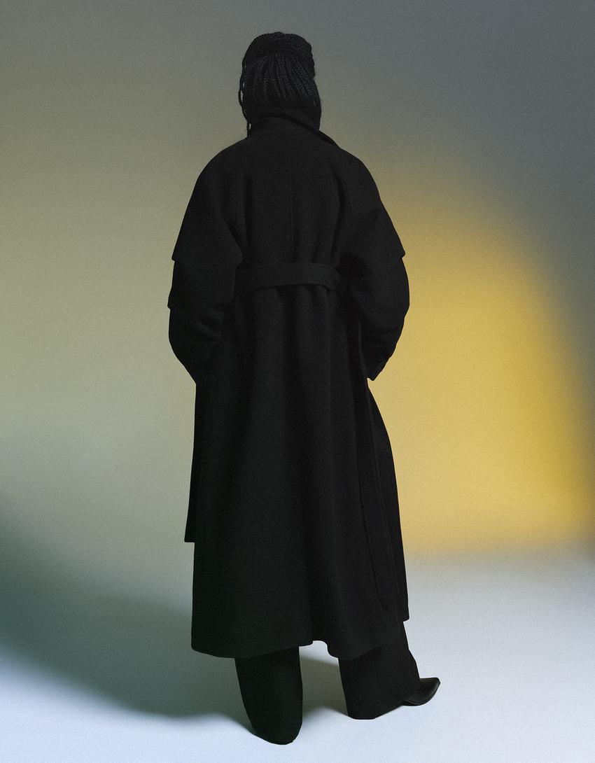 Oversize wool blend coat with belt-Black