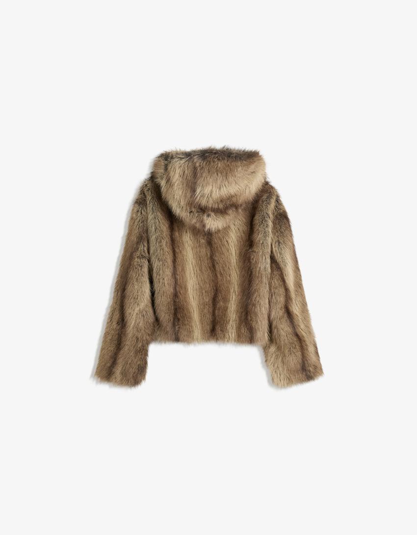 Veste fausse fourrure capuche-Marron-4