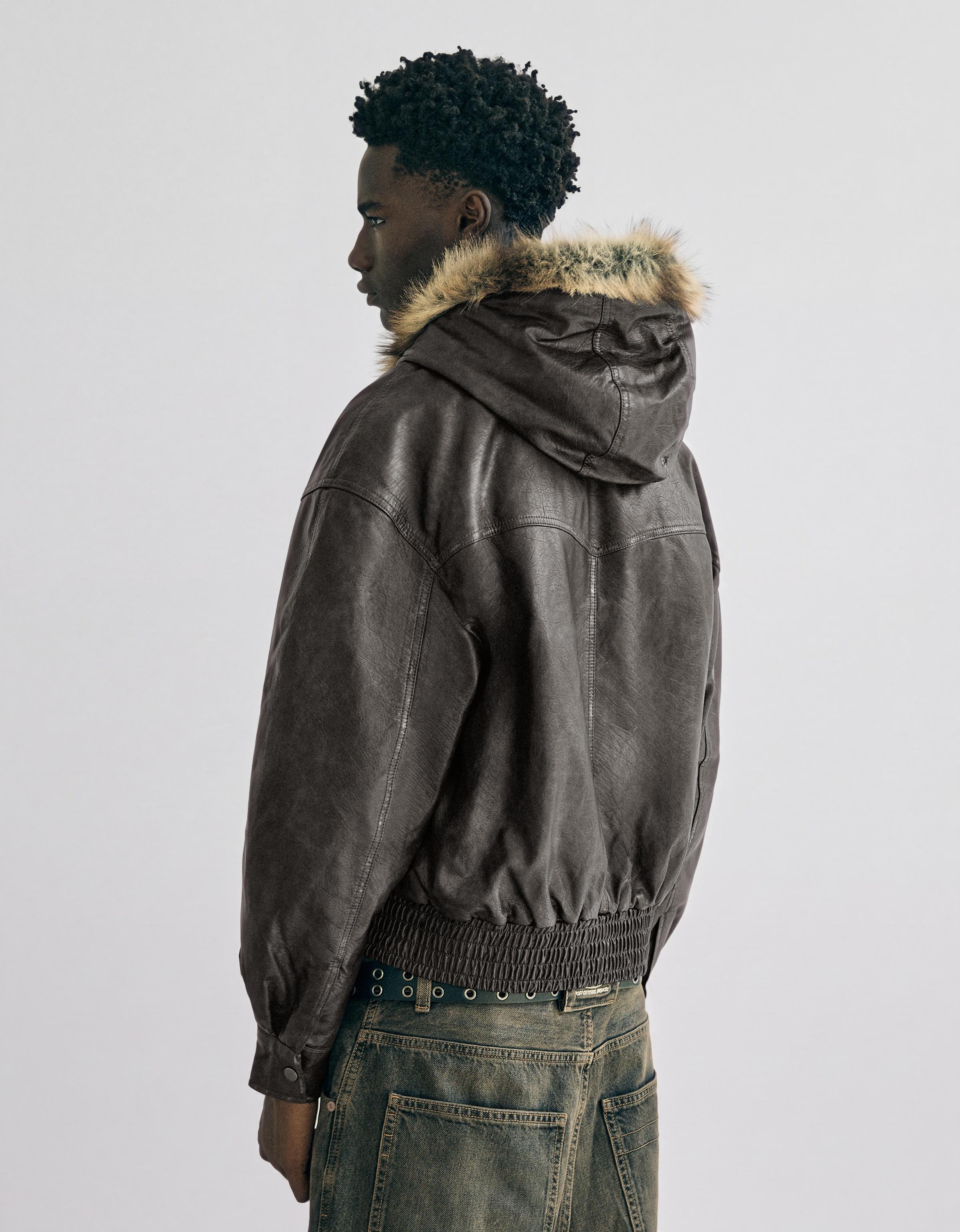 Leather effect jacket with faux fur hood — Brown