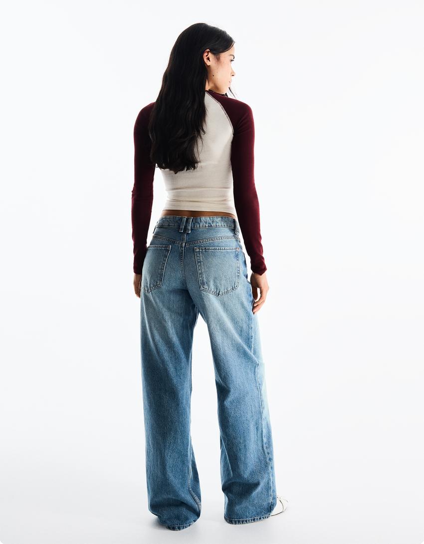 Yüksek bel straight fit geniş paça jean-Açık mavi