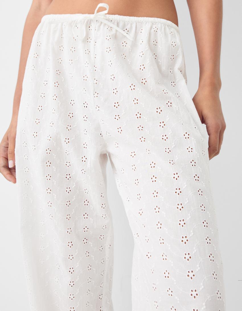 Trousers with Swiss embroidery and elasticated waist-Cream-3