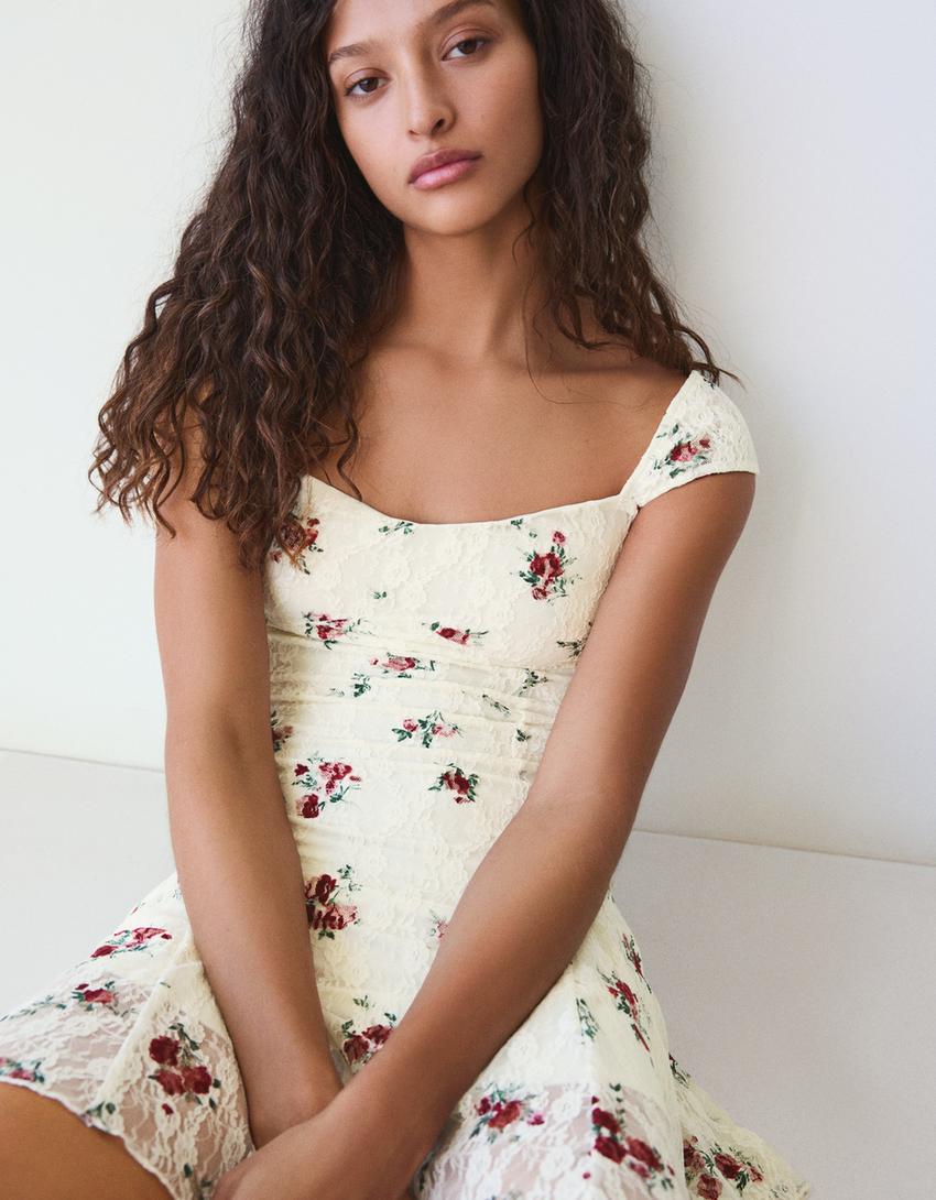 Vestido mini blonda print-Crudo