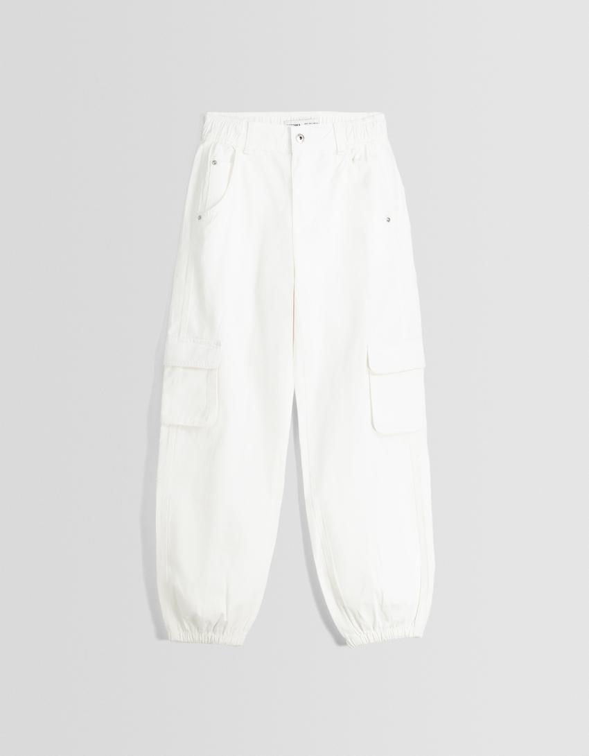 بنطلون رياضي من القطن-أبيض مطفي-5