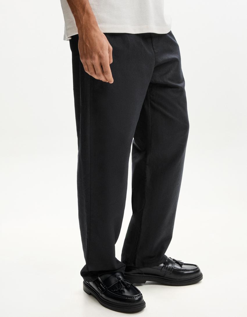 Pantalon wide leg rustique avec lin-Noir-0