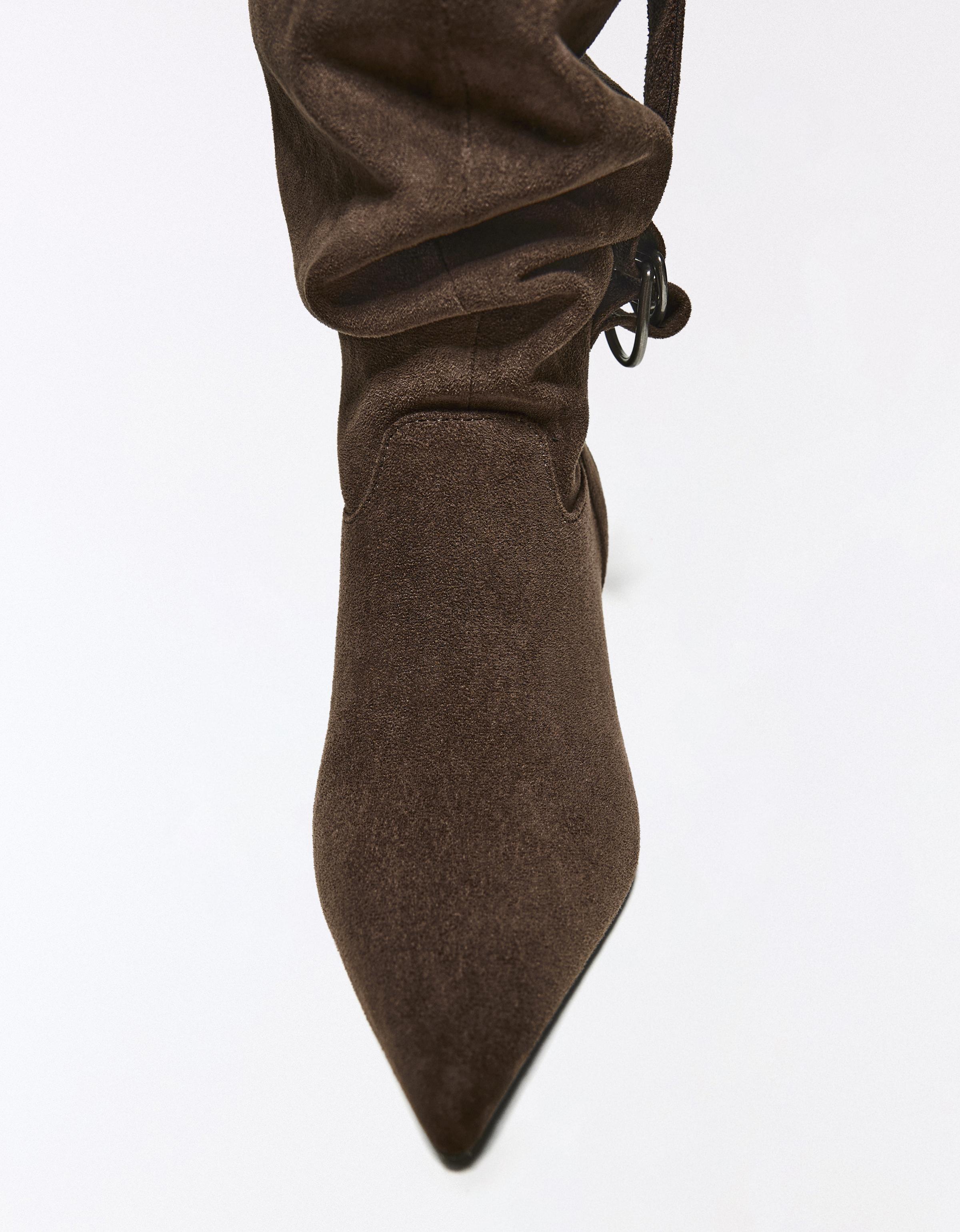 SLOUCHY BUCKLE HEEL ANKLE BOOTS — TAUPE