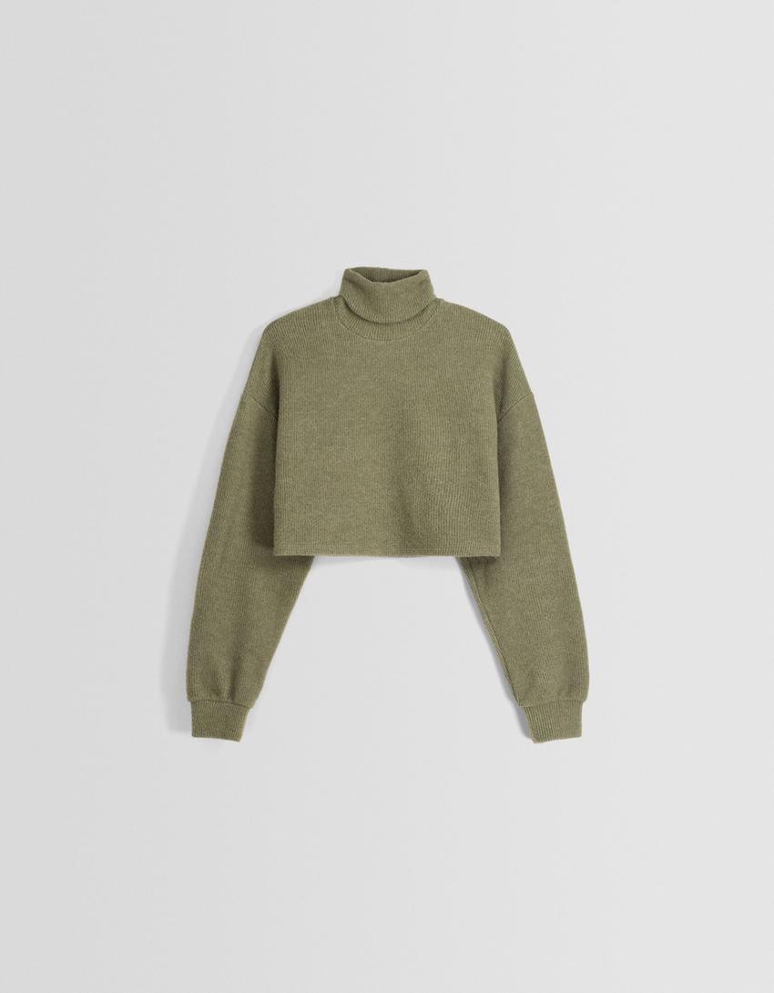 Cropped sweater with a high neck-Khaki-4