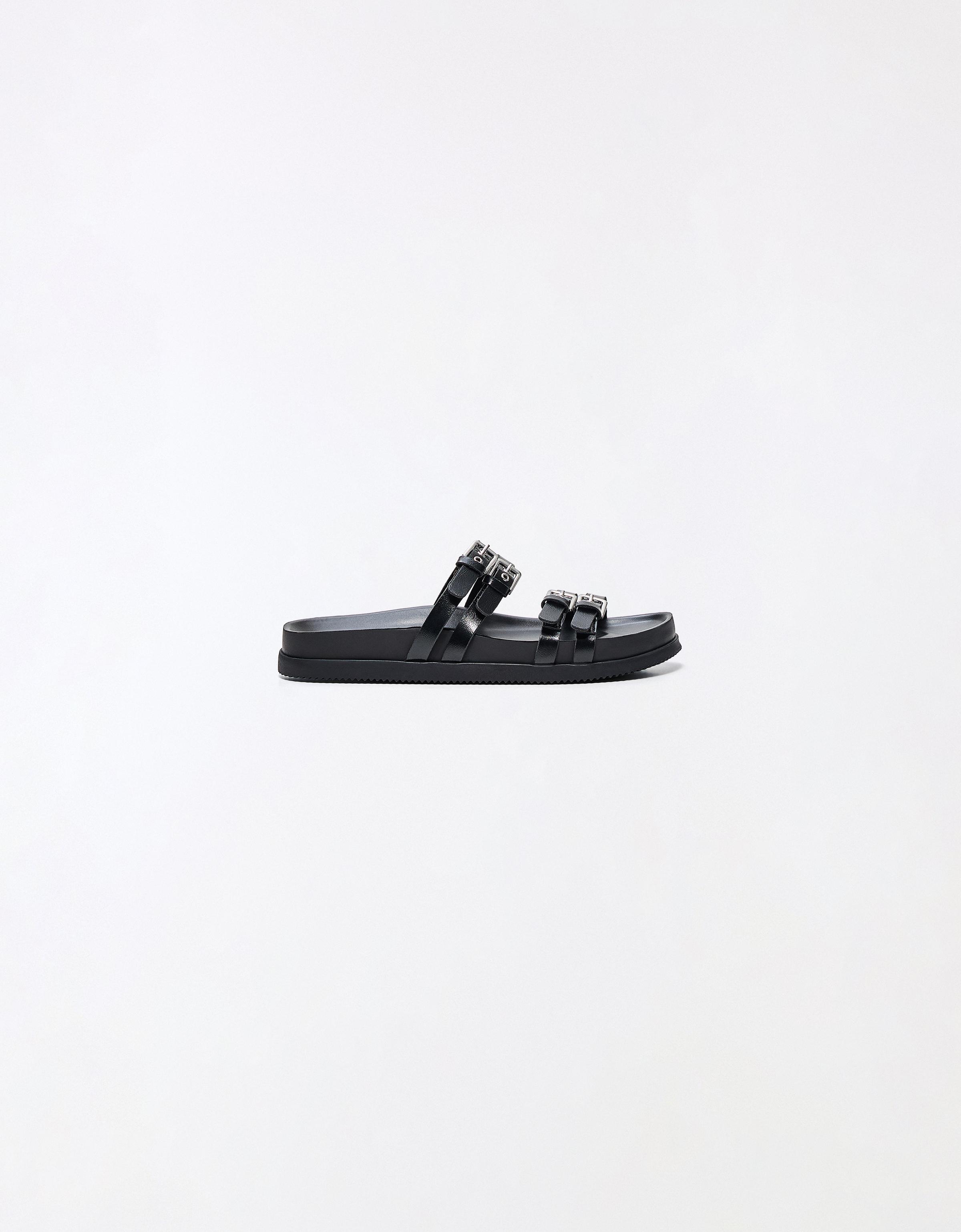 Double buckle flat slider sandals — BLACK