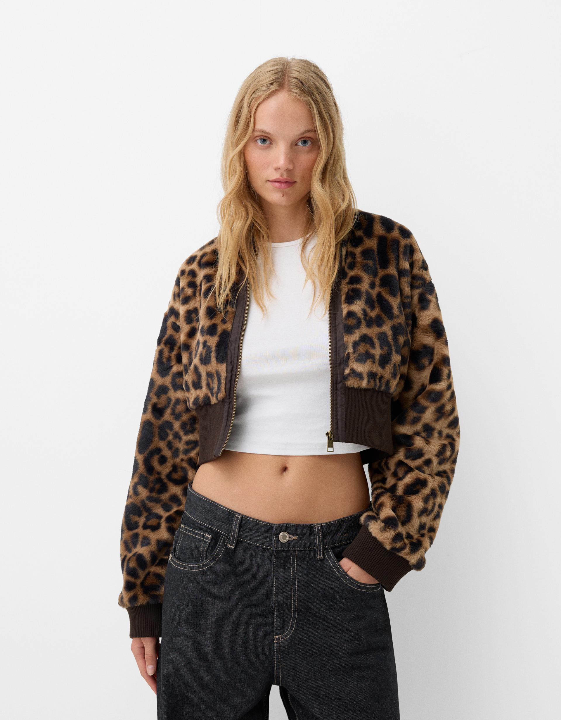 Animal Print Cazadora Piel Con Pelo Chaqueta Efecto Pelo Animal