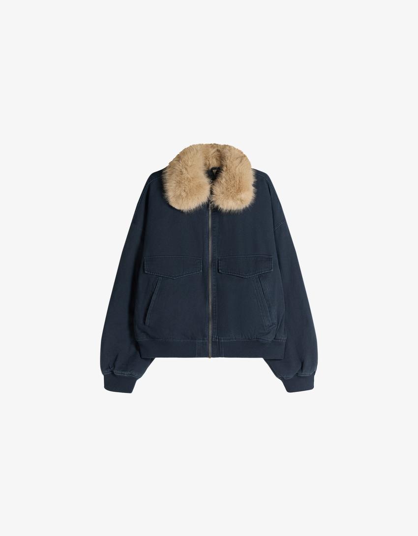 Jacket with faux fur collar-Navy