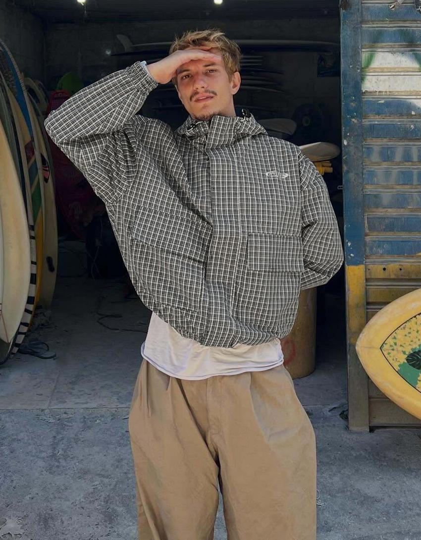 Oversize kareli teknik ceket-Açık mavi