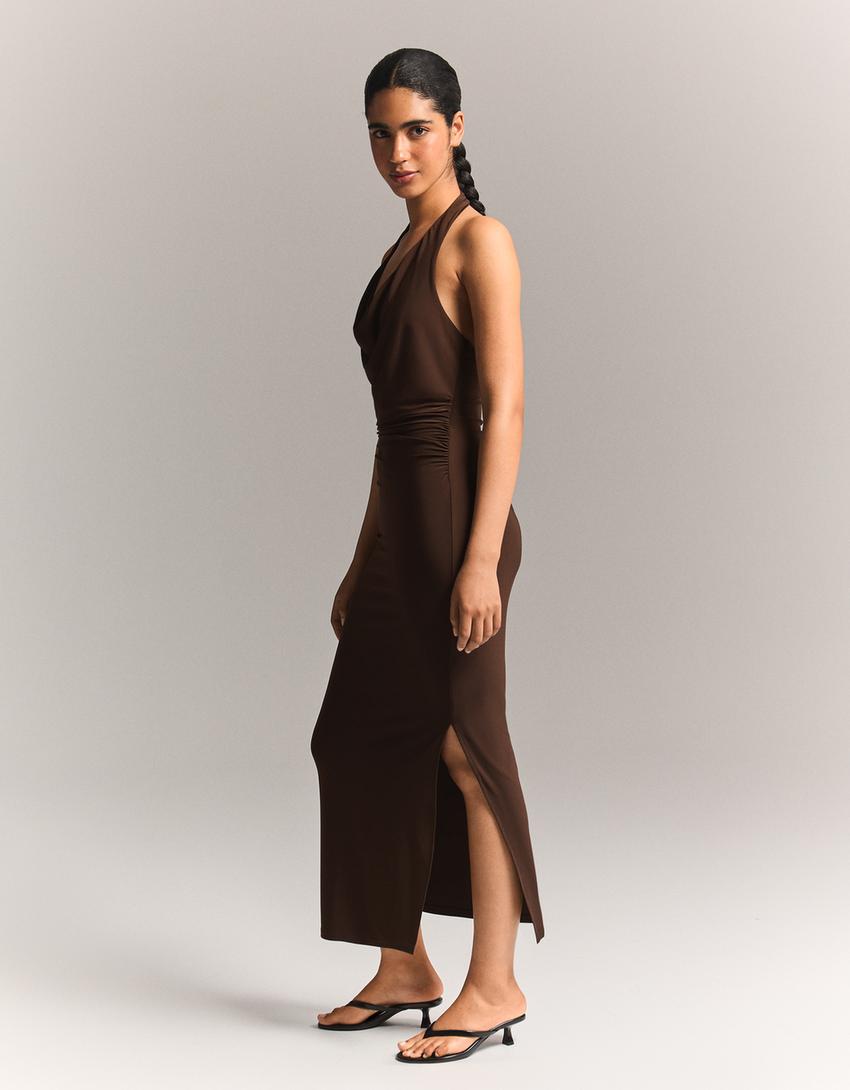 Robe midi encolure américaine-Marron