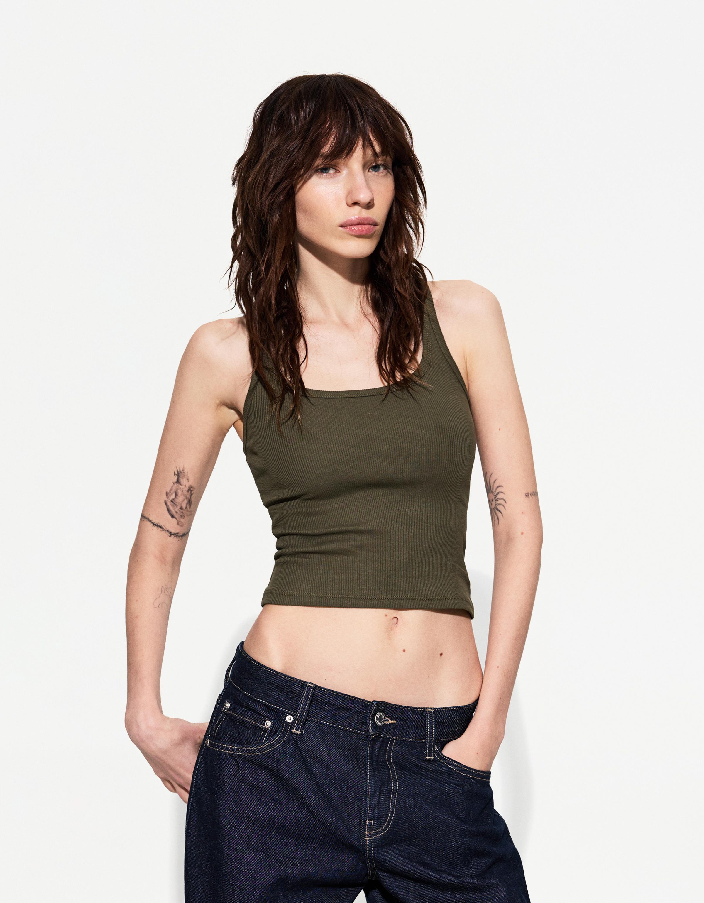 Bershka Ärmelloses Shirt Mit Patentmuster Damen L Khaki