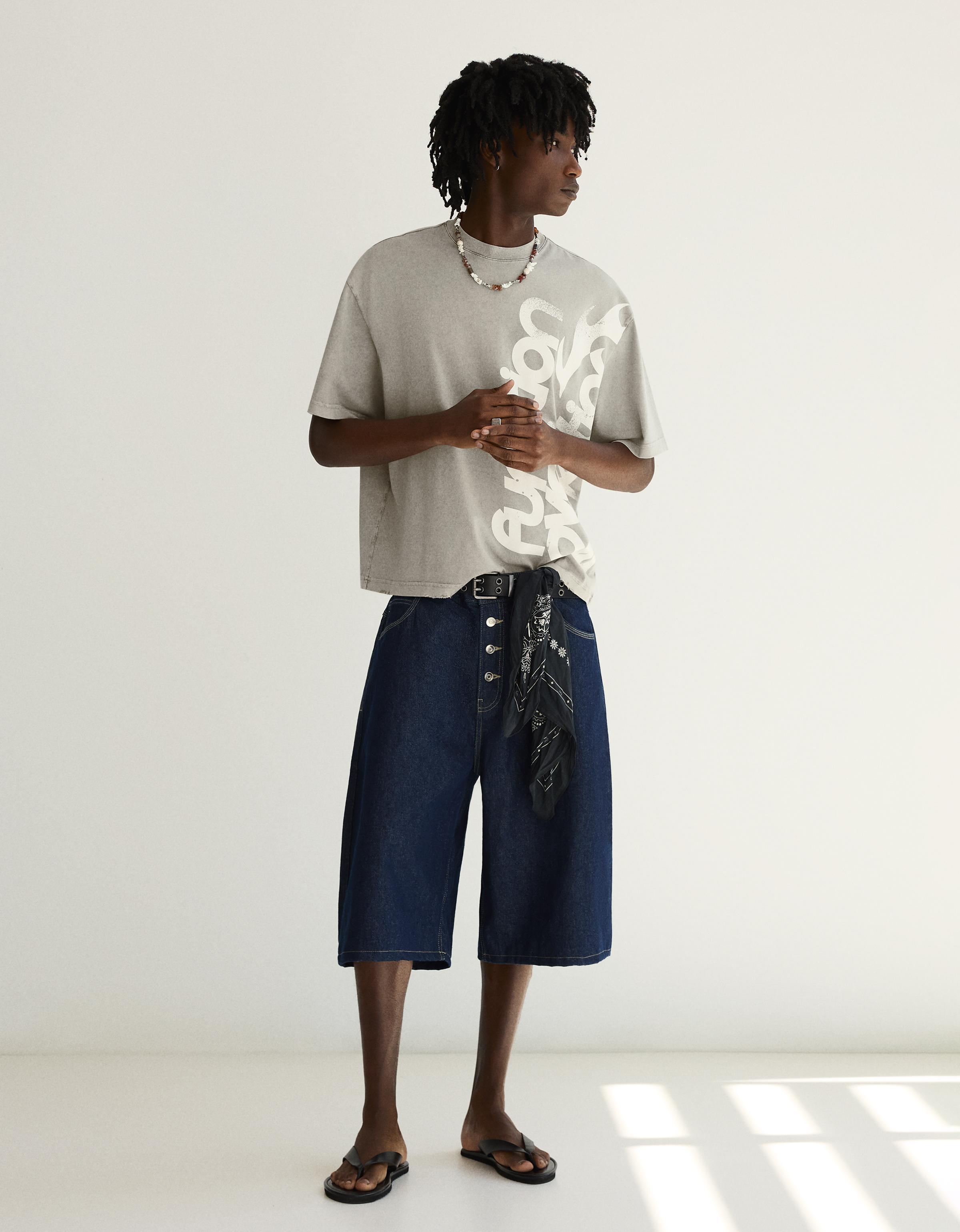 Washed boxy fit print T-shirt — Grey