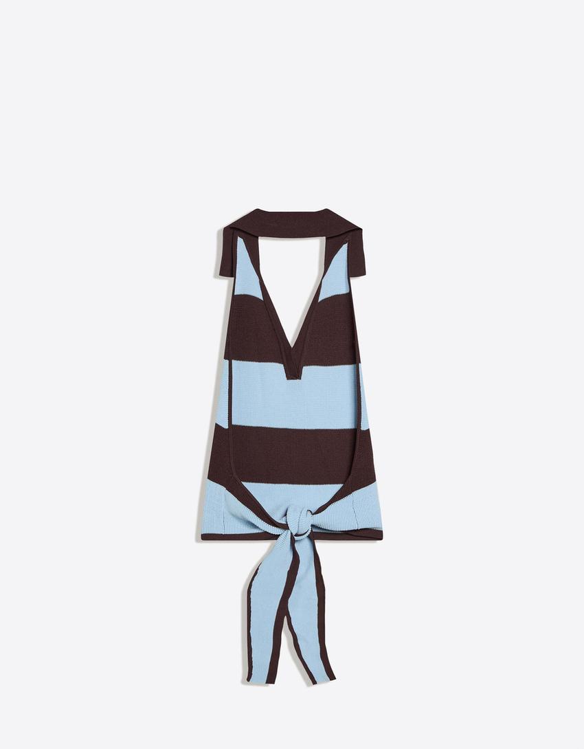 Polo collar top with back knot-Blue