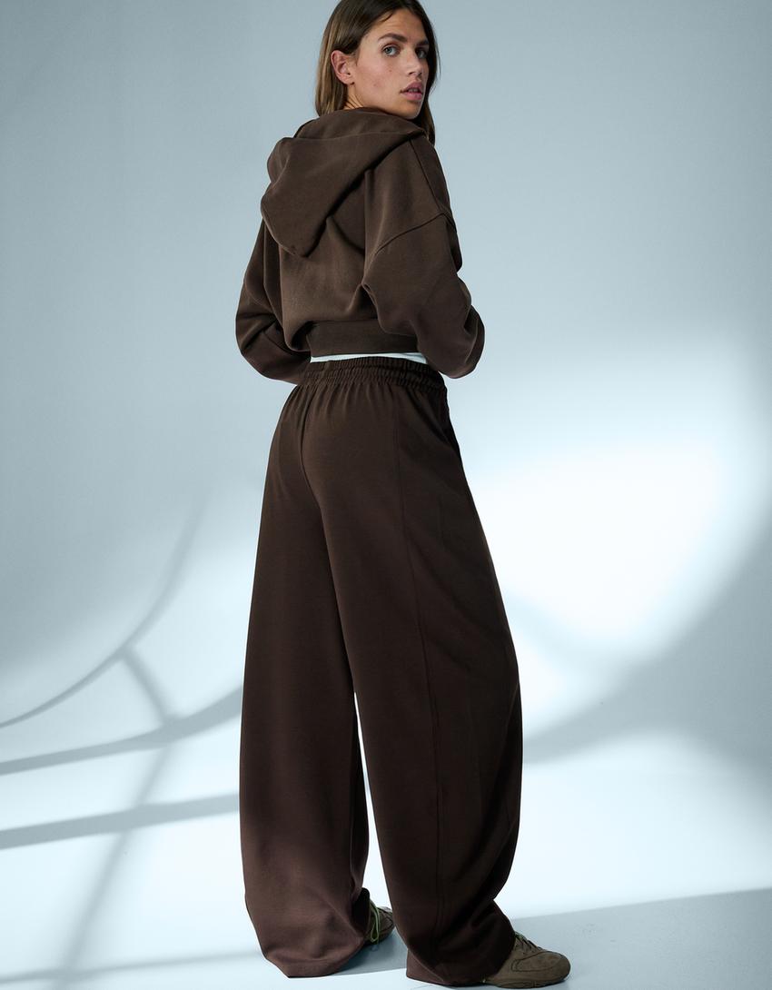 Kapüşonlu oversize fermuarlı sweatshirt-Kahverengi