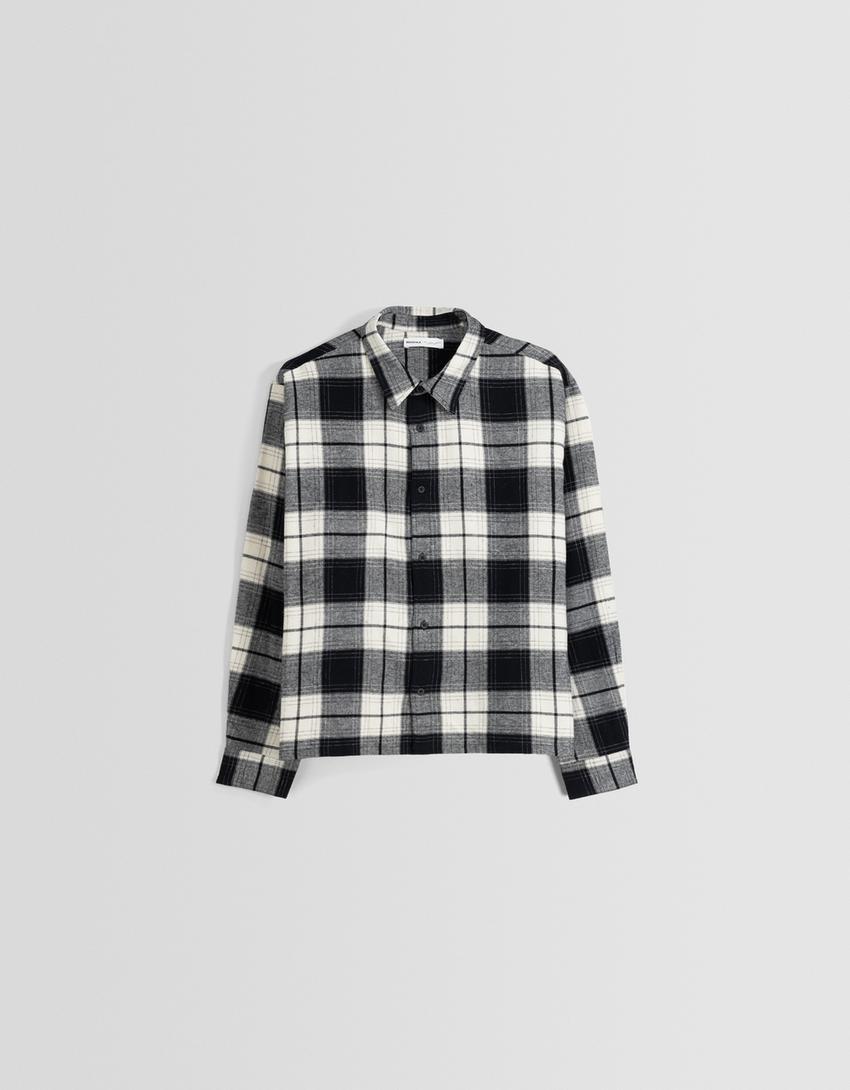 Cropped long sleeve check shirt-Black