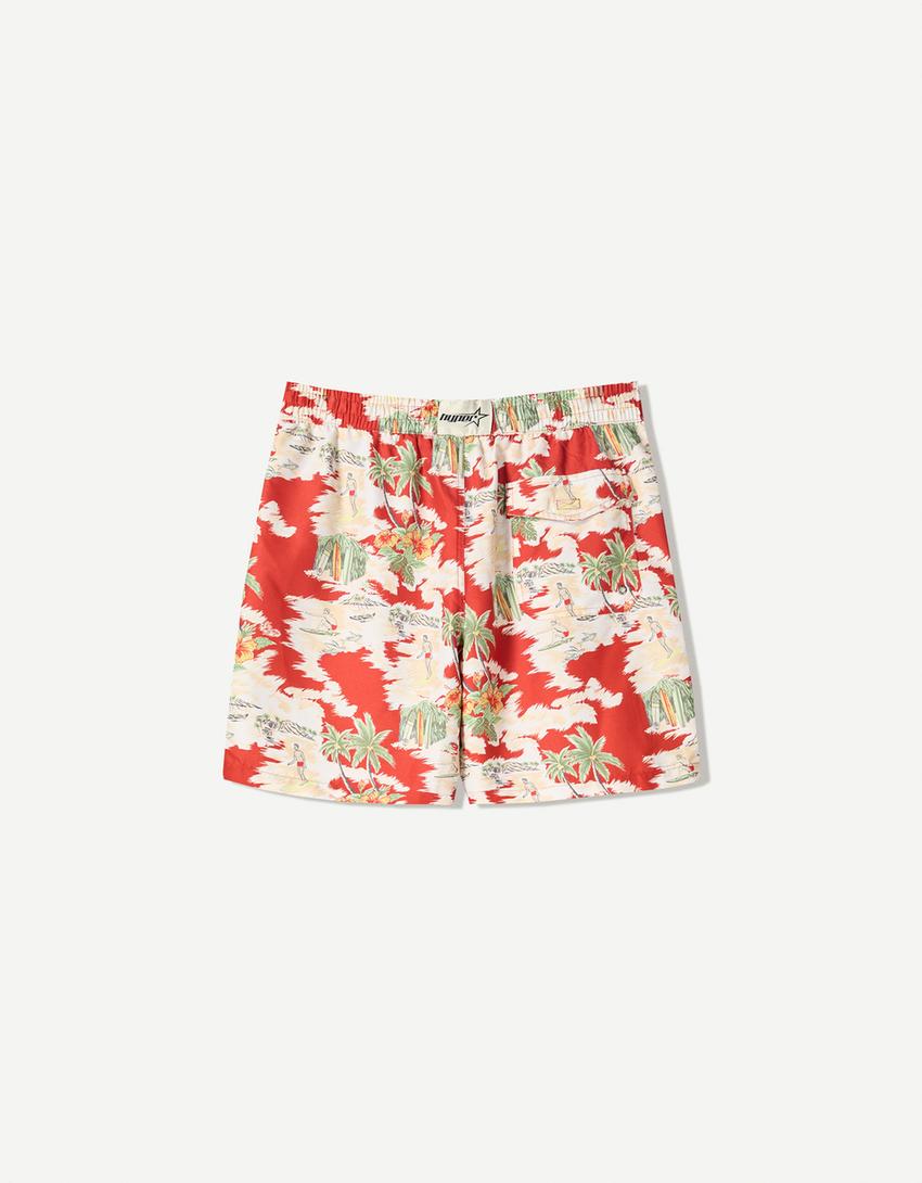 Costume lungo con stampa tropicale-Rosso