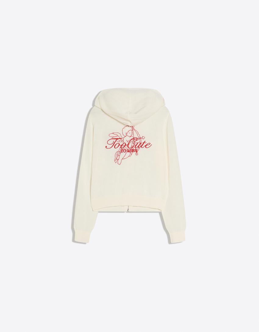 Zip-up print hoodie-Cream