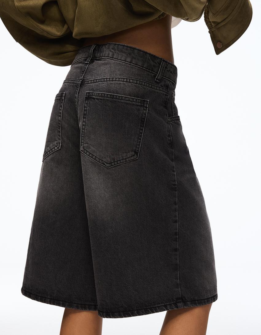 Baggy fit denim bermuda şort-Siyah