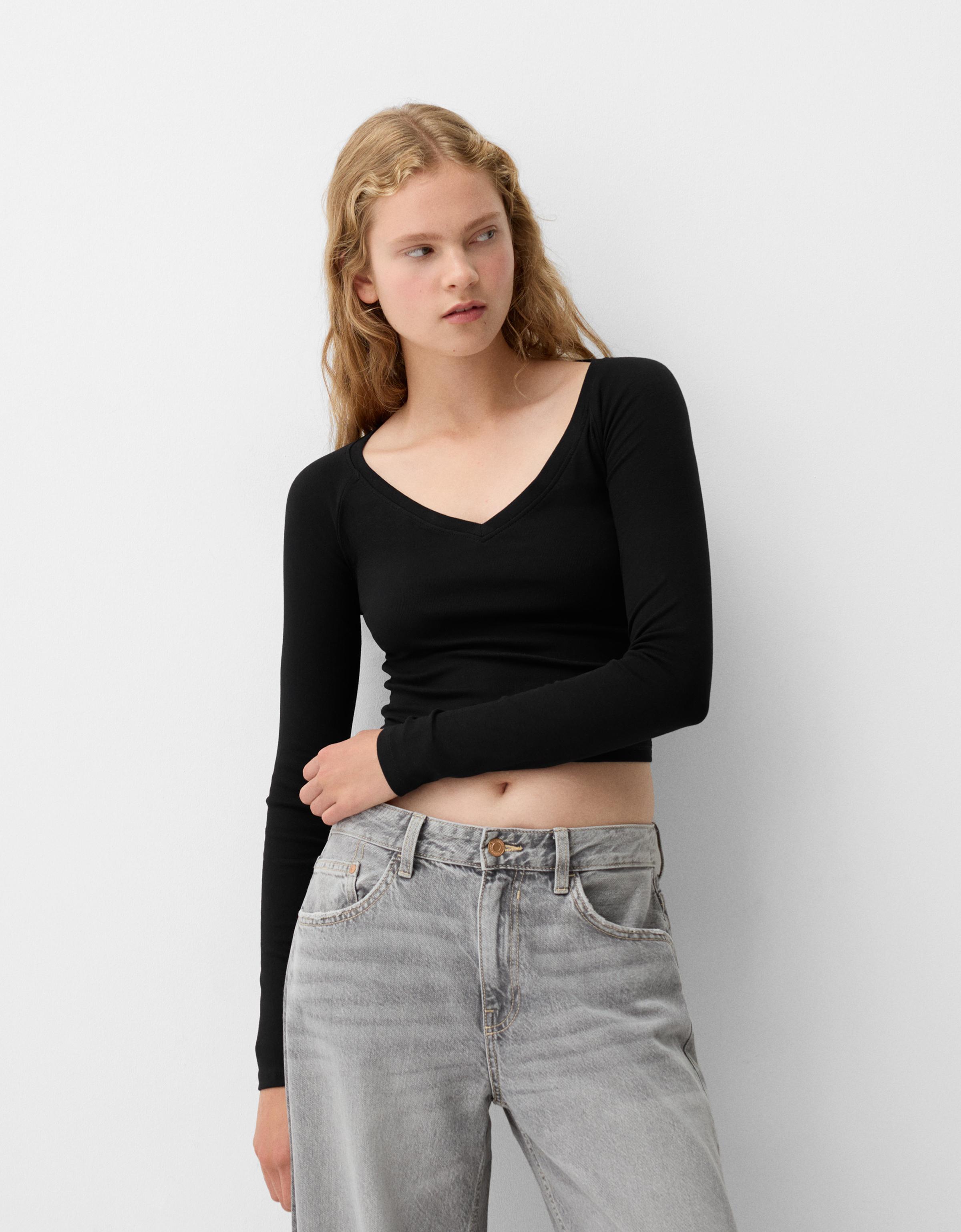 Bershka Langarmshirt Mit V-Ausschnitt Damen L Schwarz