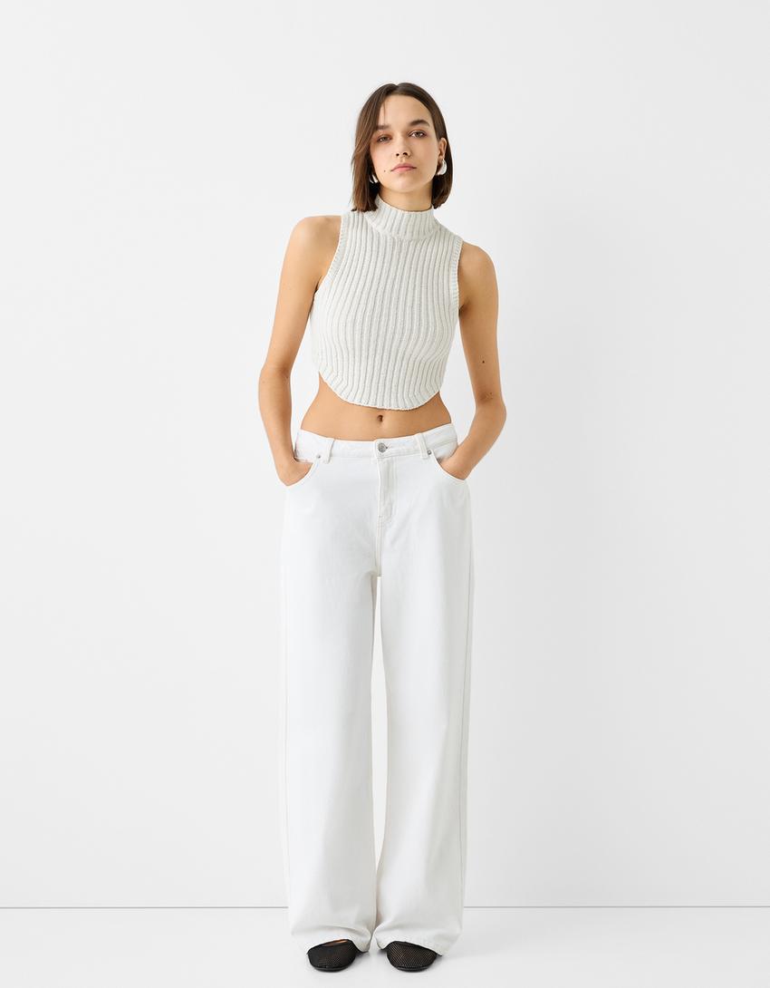 Sleeveless rustic ribbed mock turtleneck top-White