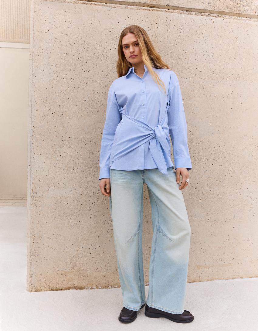 Kemeja poplin oversize dengan pita-Biru