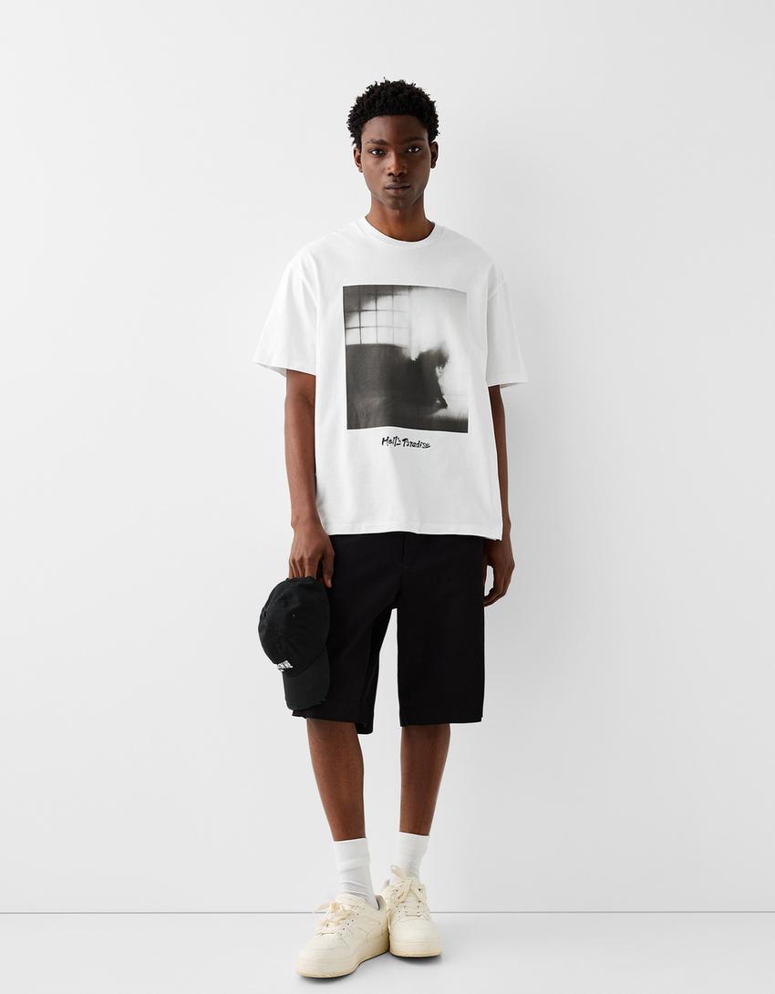 T-shirt manga curta boxy estampado-Branco-3