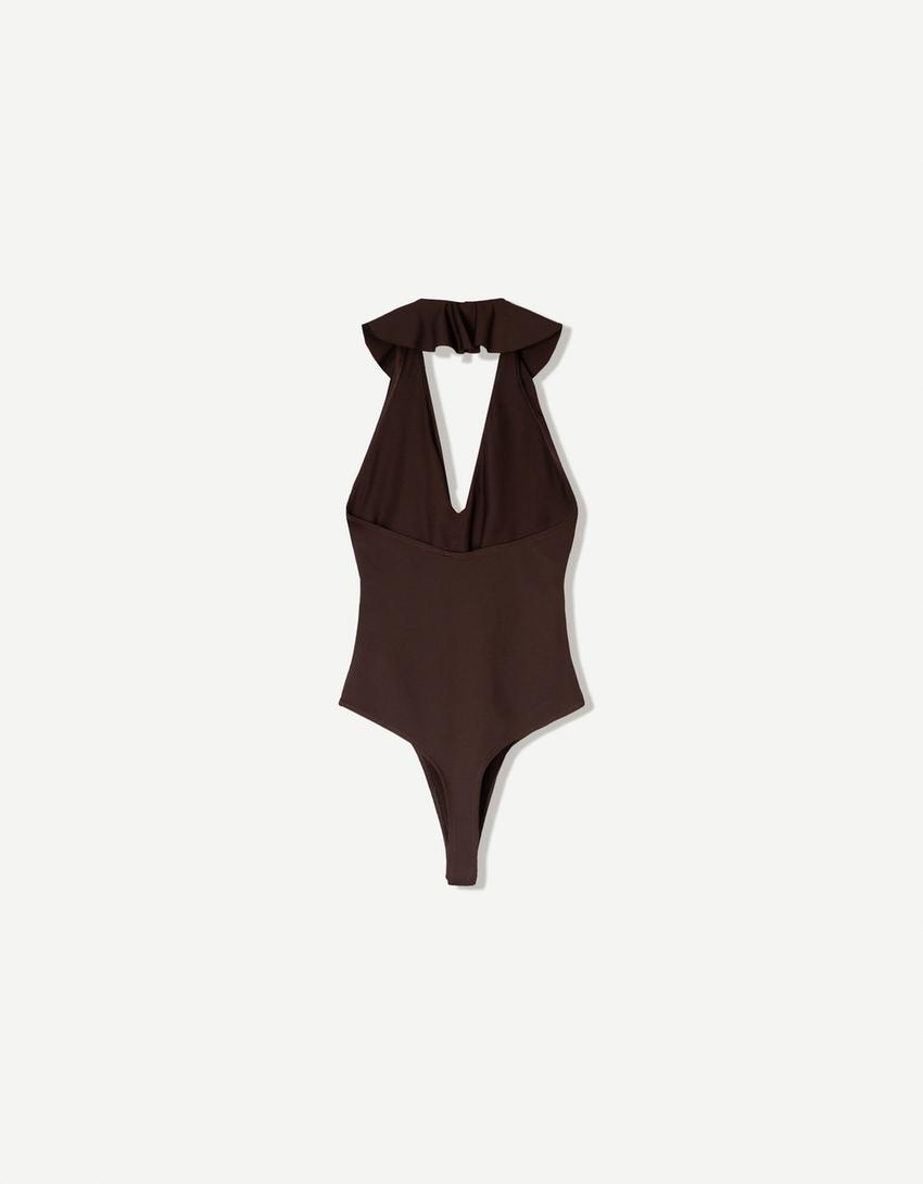 Strappy draped bodysuit-Brown-5