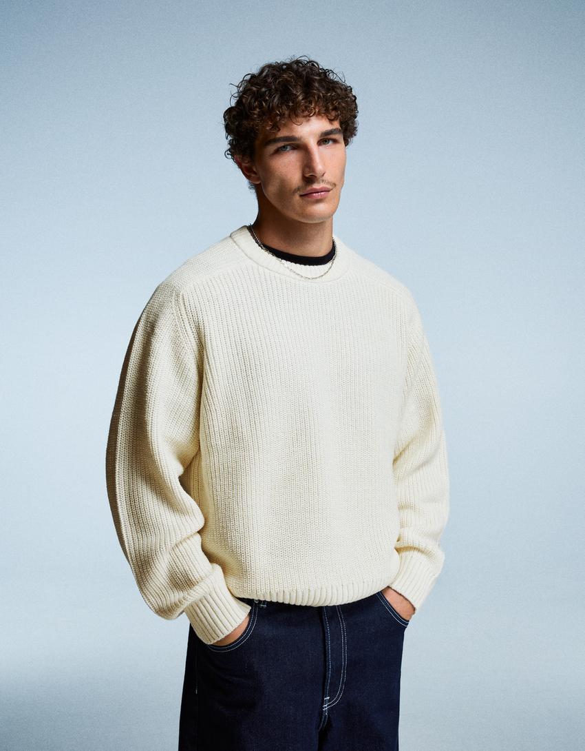 Purl knit wool blend sweater-Off white-0