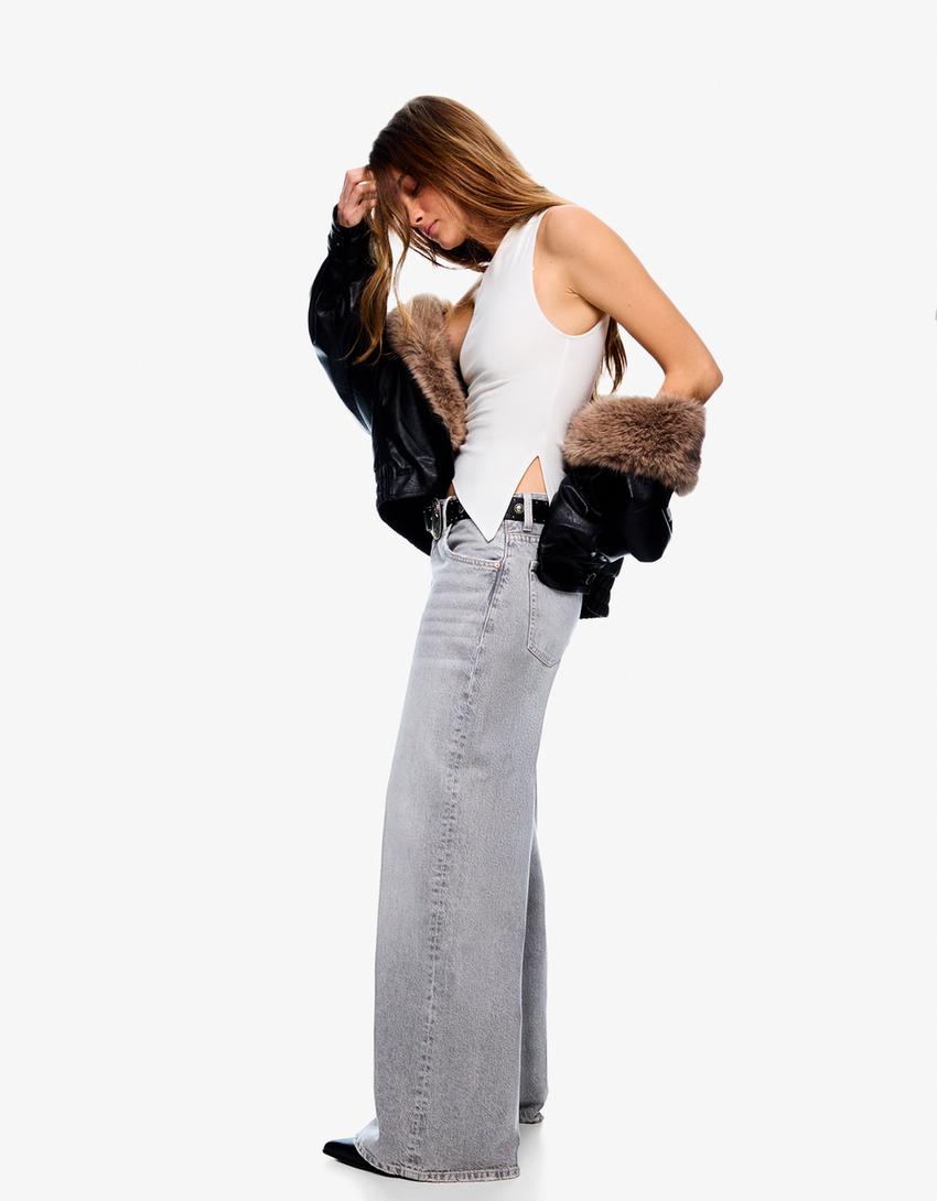 Jeans wide leg-Cinza